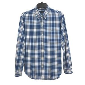 Ralph Lauren Indigo Oxford Button Down Shirt Mens Medium Blue White Plaid Cotton